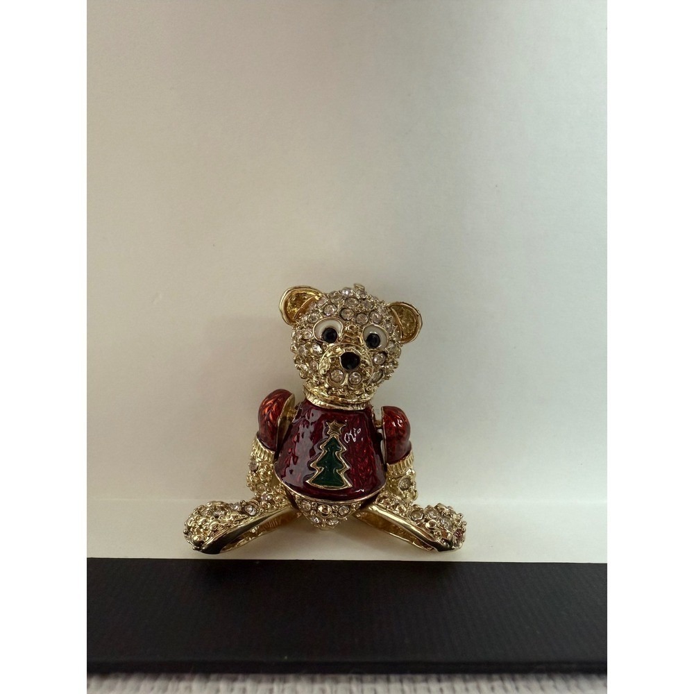 Christmas Holiday Rhinestone Teddy Bear Brooch Pin Holiday Tree Gold Tone